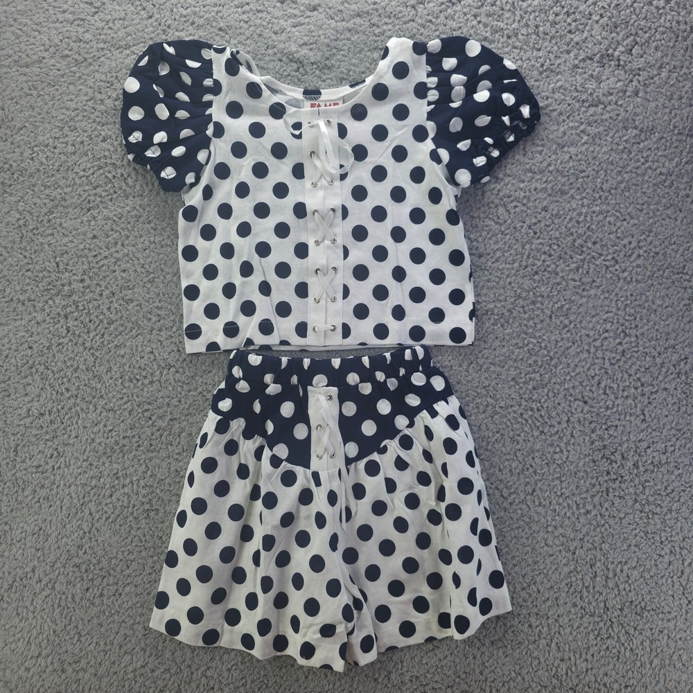 Vintage Fame Clothing Co Polka Dot Top and Shorts Set Navy White Kids 6X USA 90s
